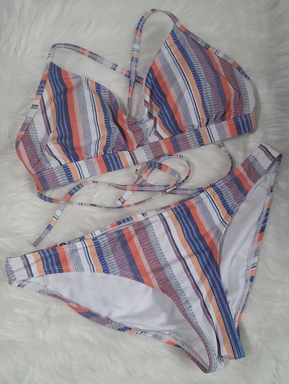 Eidon Cahuita Blue Coral White Striped Bikini Size L/DD